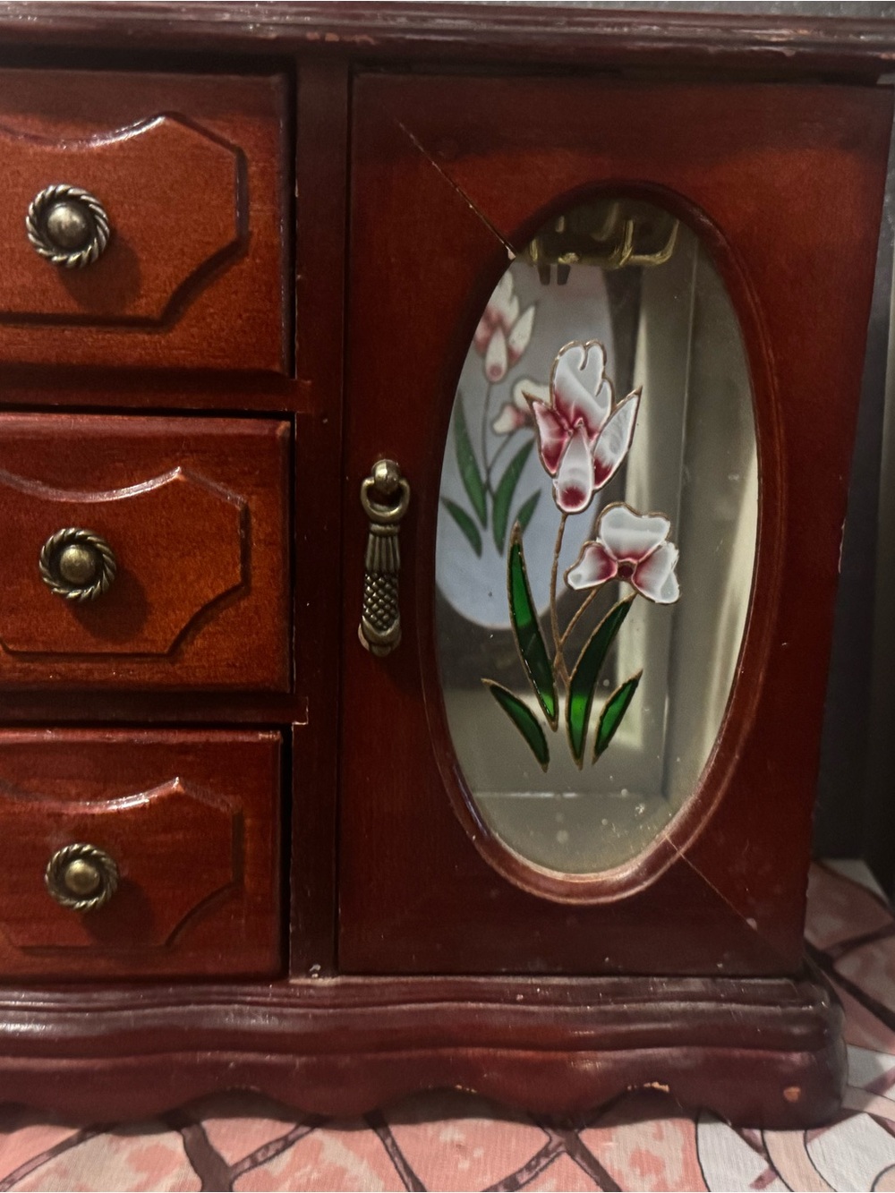 Wooden Jewelry Box with Floral Mirrored Door - Cherry Brown
